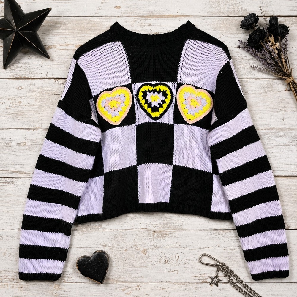 The Ragged Priest Heart Checkered Sweater XS Gothic Grunge Cropped Purple‎ Black